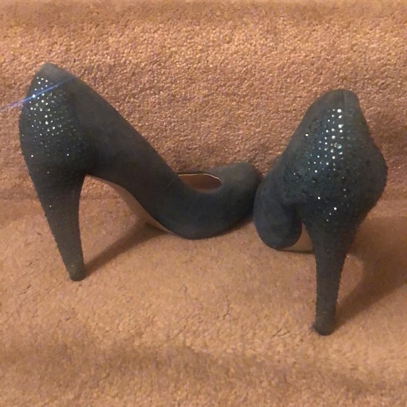 NINE WEST-PRETTY TEAL BLUE SUEDE HI HEEL W/COLORED STONES - Picture 10 of 12